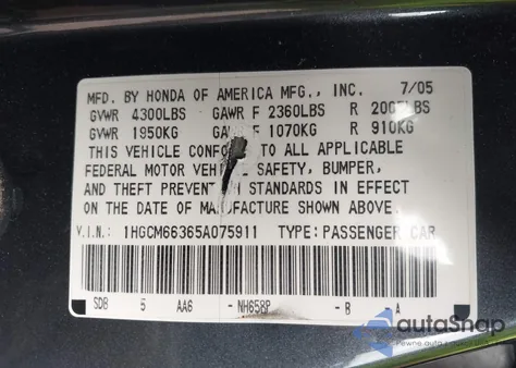 2005 Honda Accord 3.0 Lx z USA, uszkodzony, nr VIN 1HGCM66365A075911